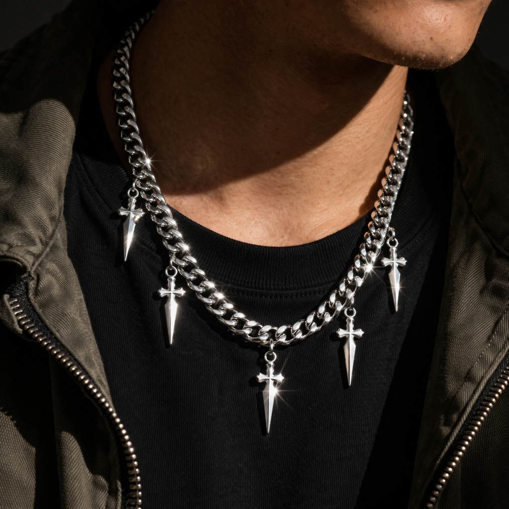 Cuban Link Chain Necklace with Cross Charms