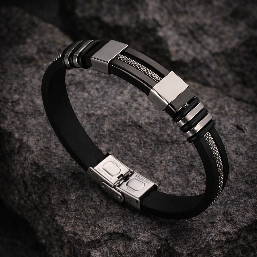 Black Silicone & Steel Bangle Bracelet