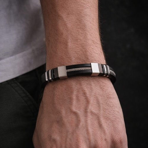 Black Silicone & Steel Bangle Bracelet