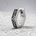 Silver hexagonal hoop earring with intricate design 