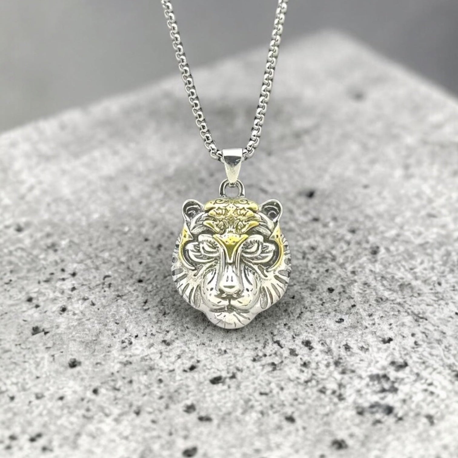 Silver and gold lion head pendant on a chain against a gray background